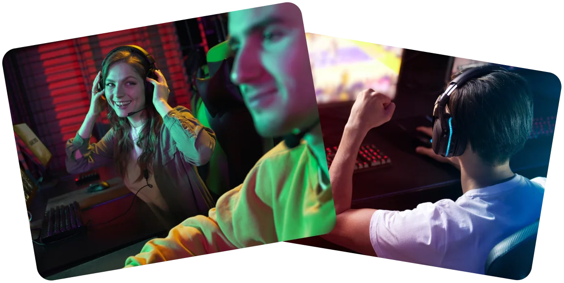 Dwoje ludzi przy stanowisku do gier, w słuchawkach. Kobieta uśmiecha się do aparatu, emanując radosnym nastrojem. Neonowe światła tworzą żywą atmosferę. Gracz w słuchawkach unosi zaciśniętą pięść w geście zwycięstwa podczas gry na komputerze. Scenę rozjaśniają czerwone i niebieskie światła, tworząc intensywną atmosferę triumfu.