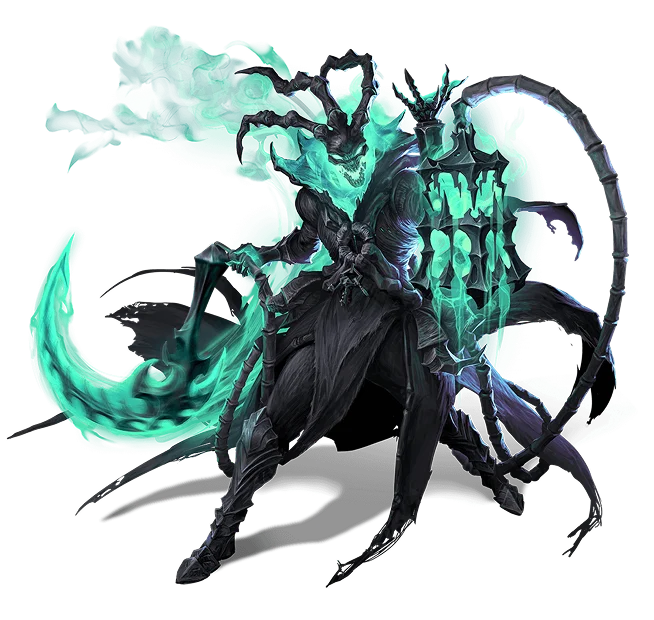 Upiorny nekromanta o zielonej, eterycznej aurze z widmową postacią za plecami